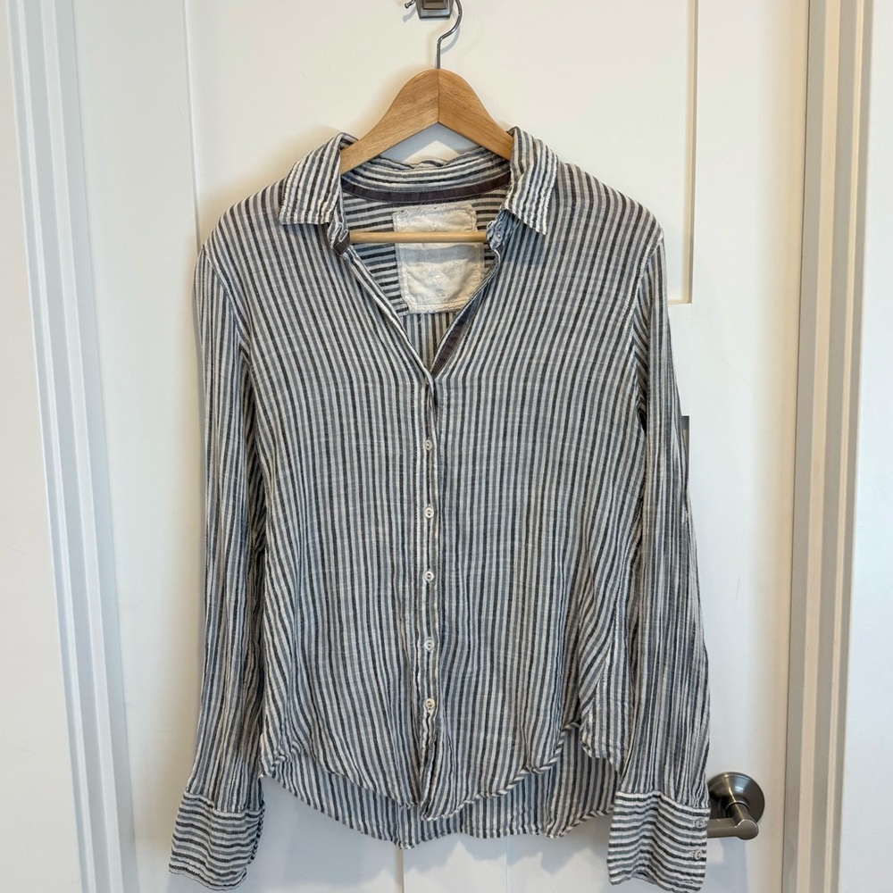 CINO Button Down Shirt Roll Up Sleeves white with Blue Black Stripes Small